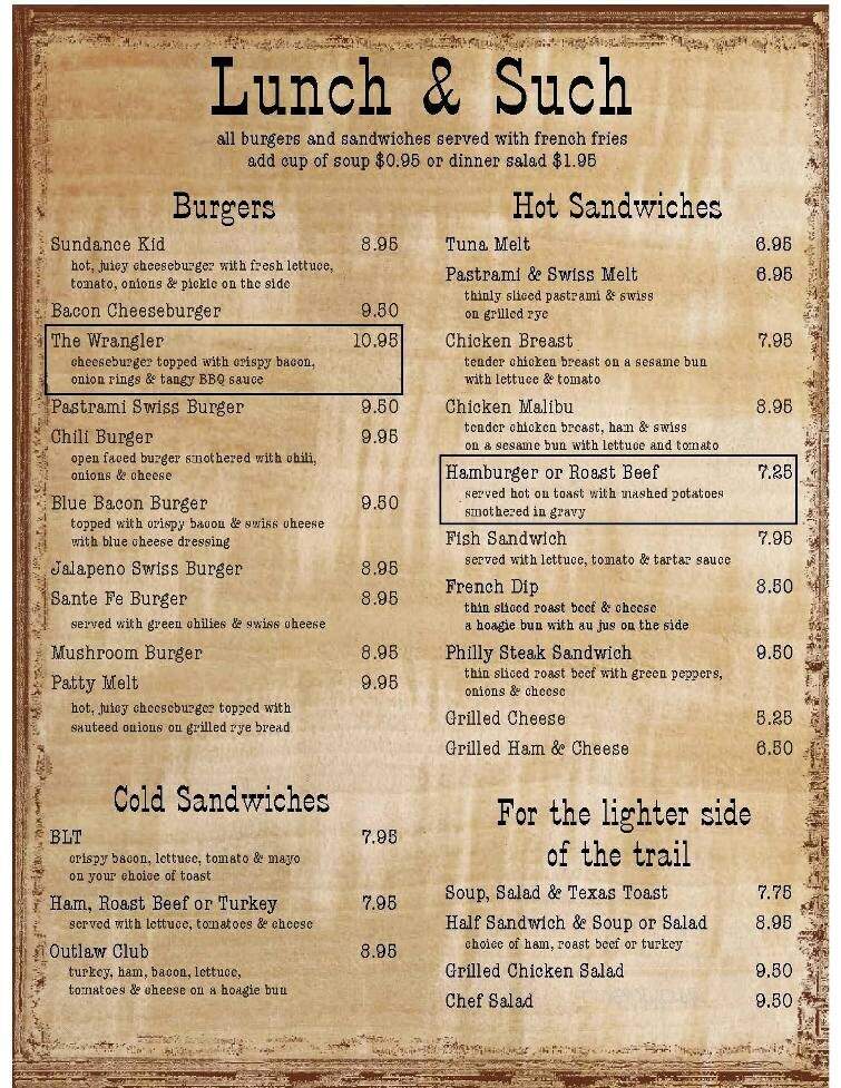 Outlaw Cafe - Wellington, UT menu_pic
