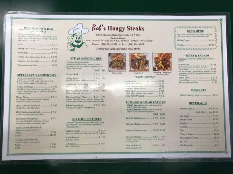 Bob's Hoagy Steaks - Hayward, CA menu_pic