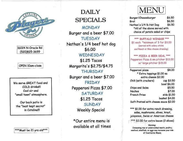 Players Pub - Tucson, AZ menu_pic