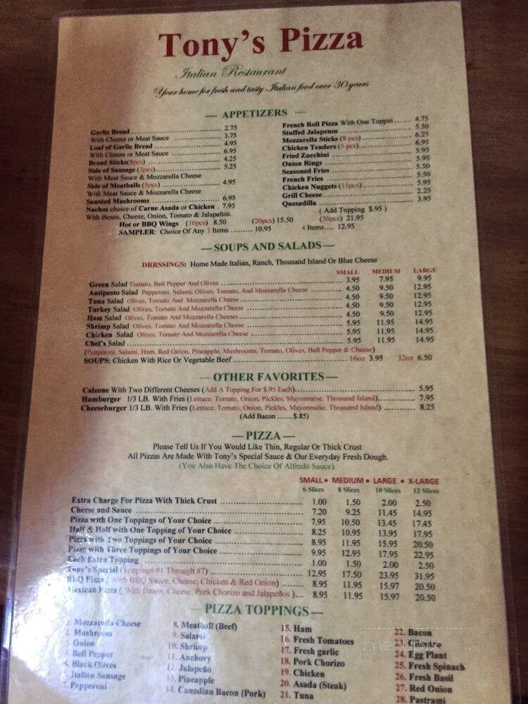 Tony's Pizza - Sylmar, CA menu_pic