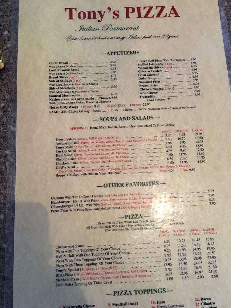 Tony's Pizza - Sylmar, CA menu_pic