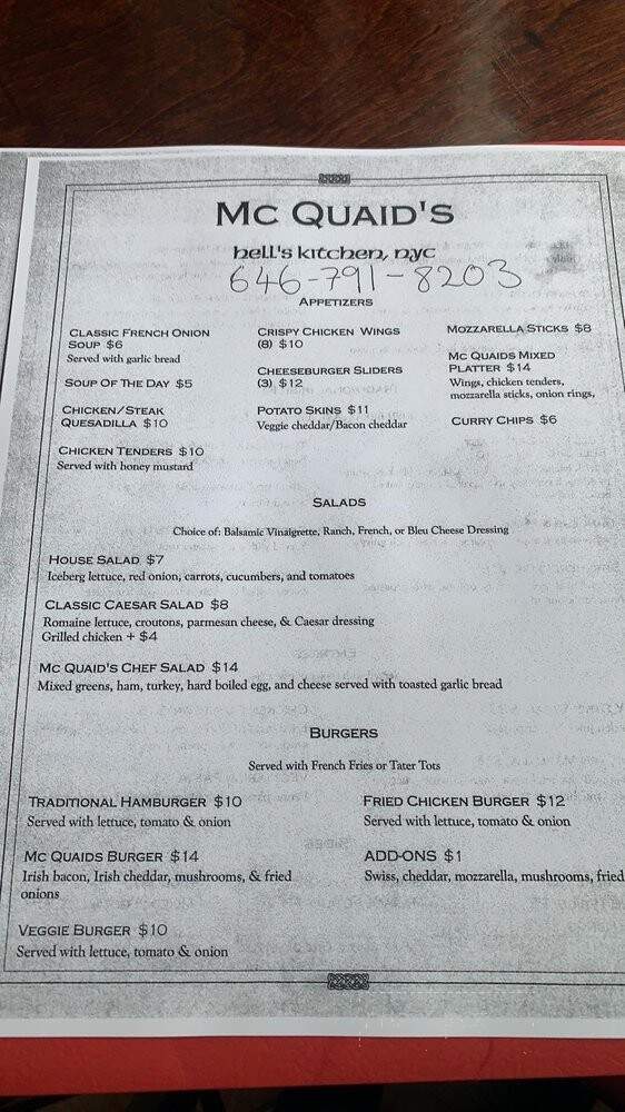 McQuaids Public House - New York, NY menu_pic