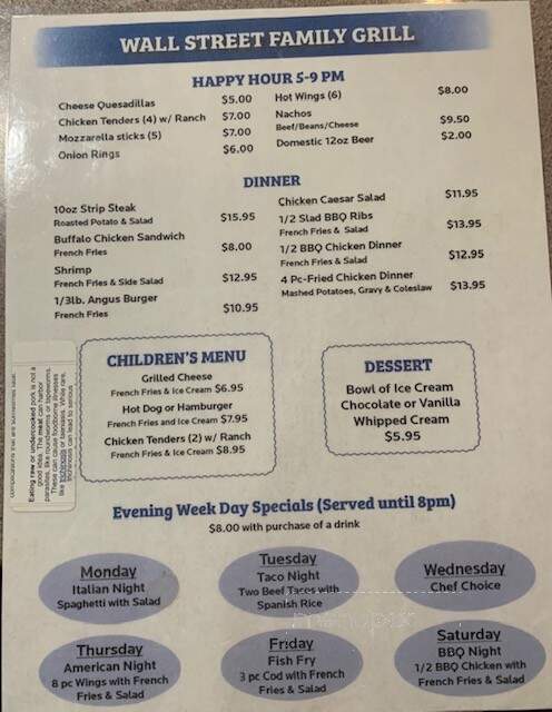 Wall Street Food & Spirits - Troy, MI menu_pic
