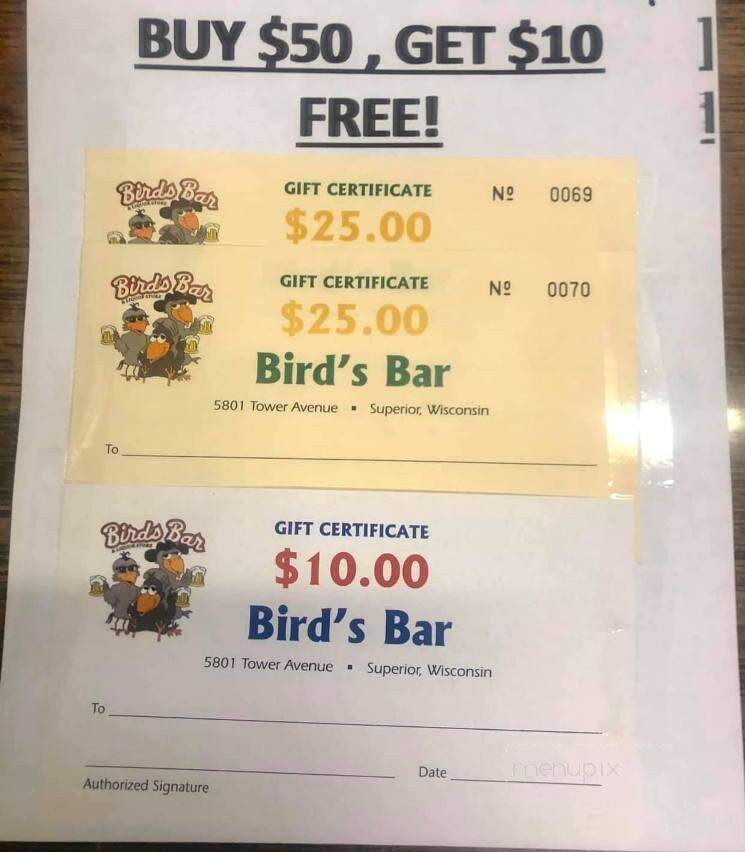 Bird's Bar - Superior, WI menu_pic