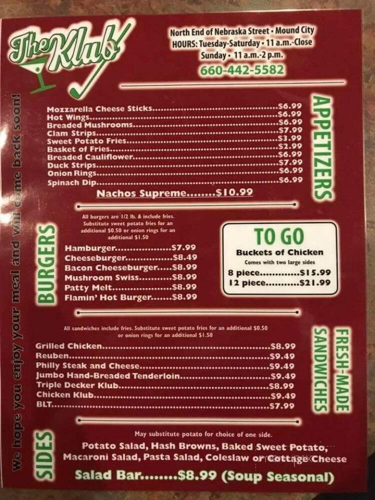 Klub - Mound City, MO menu_pic