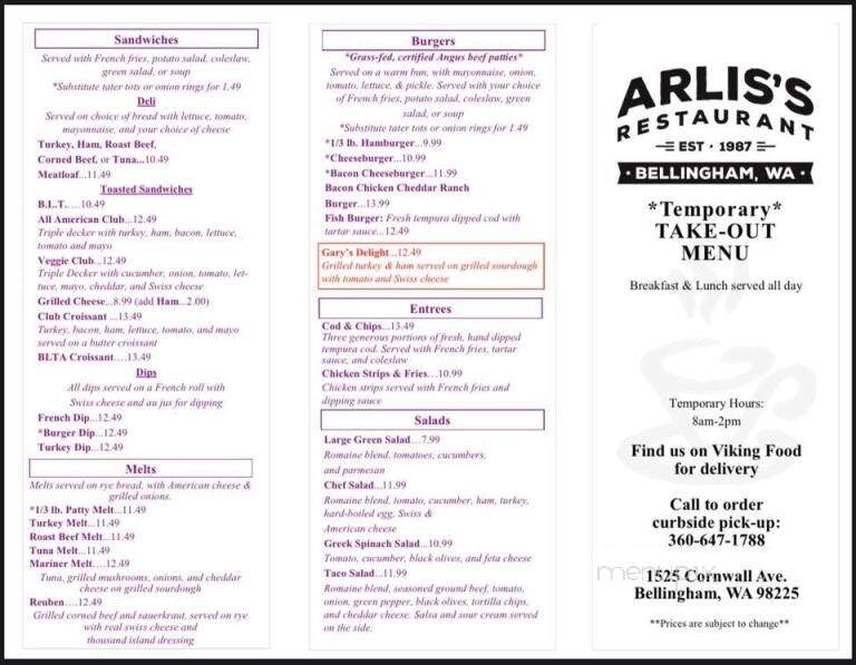 Arlis's Restaurant - Bellingham, WA menu_pic