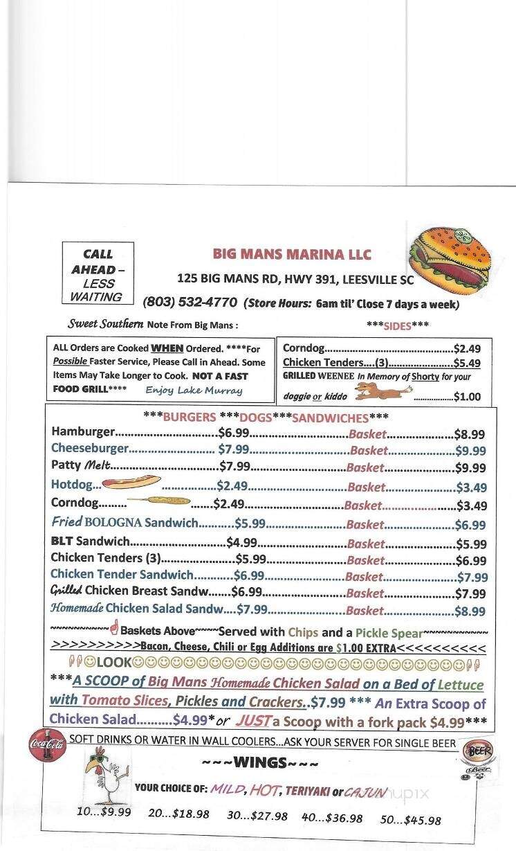 Big Mans Marina - Leesville, SC menu_pic