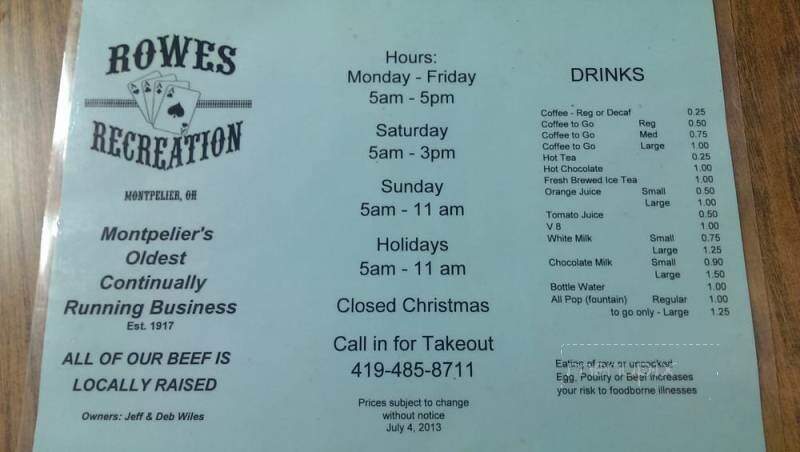 Rowe's Recreation - Montpelier, OH menu_pic