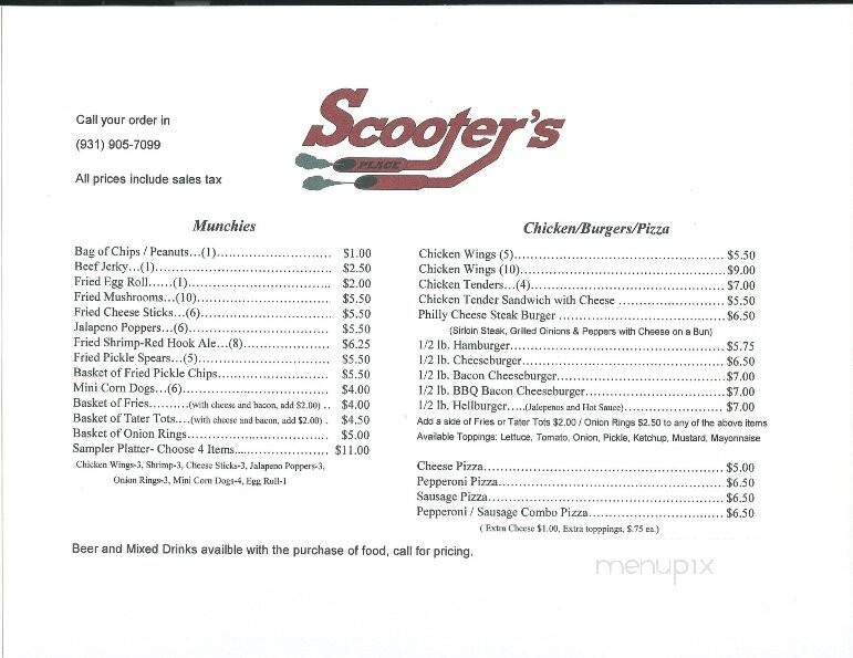 Scooter's Pub & Grill - Clarksville, TN menu_pic