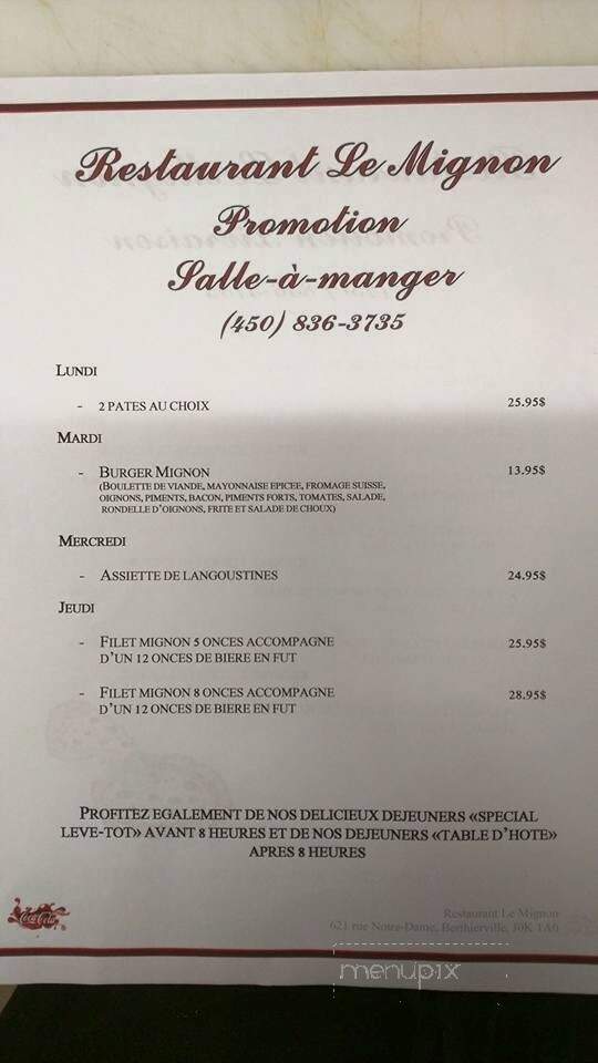 Restaurant Le Mignon - Berthierville, QC menu_pic