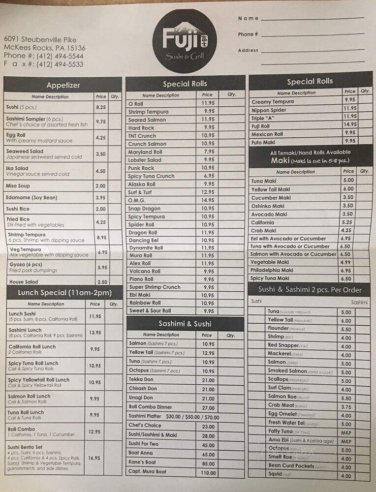 Fuji Sushi & Grill - McKees Rocks, PA menu_pic