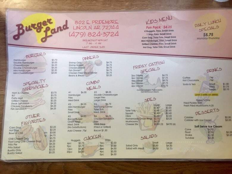 Burger Land - Lincoln, AR menu_pic