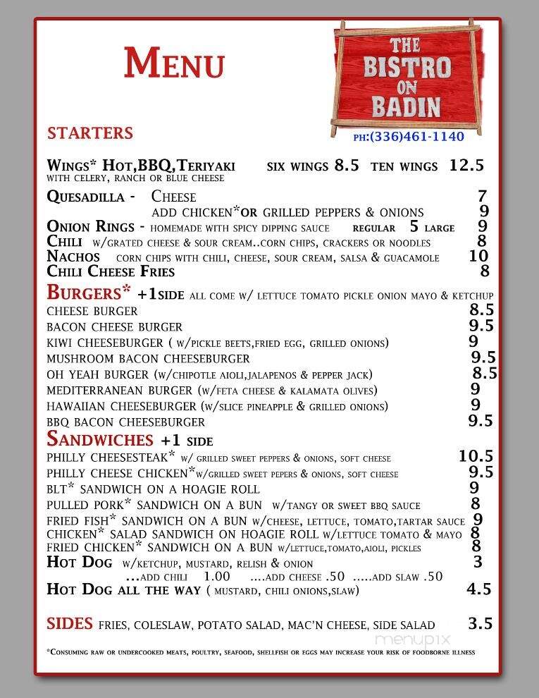 The Bistro on Badin - New London, NC menu_pic