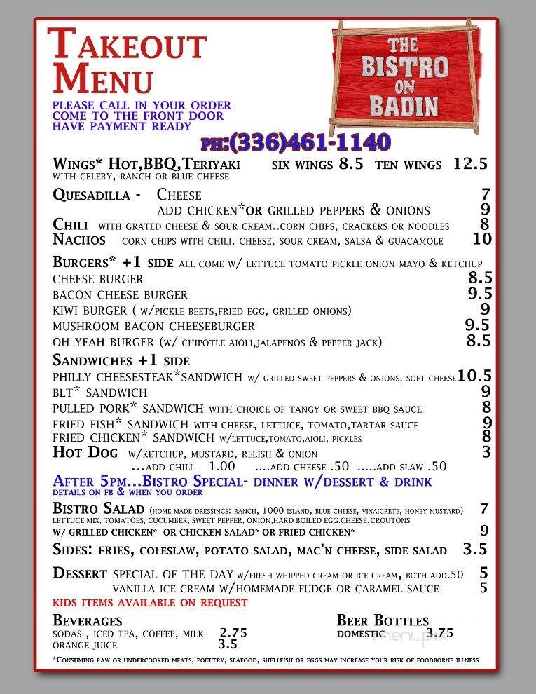 The Bistro on Badin - New London, NC menu_pic