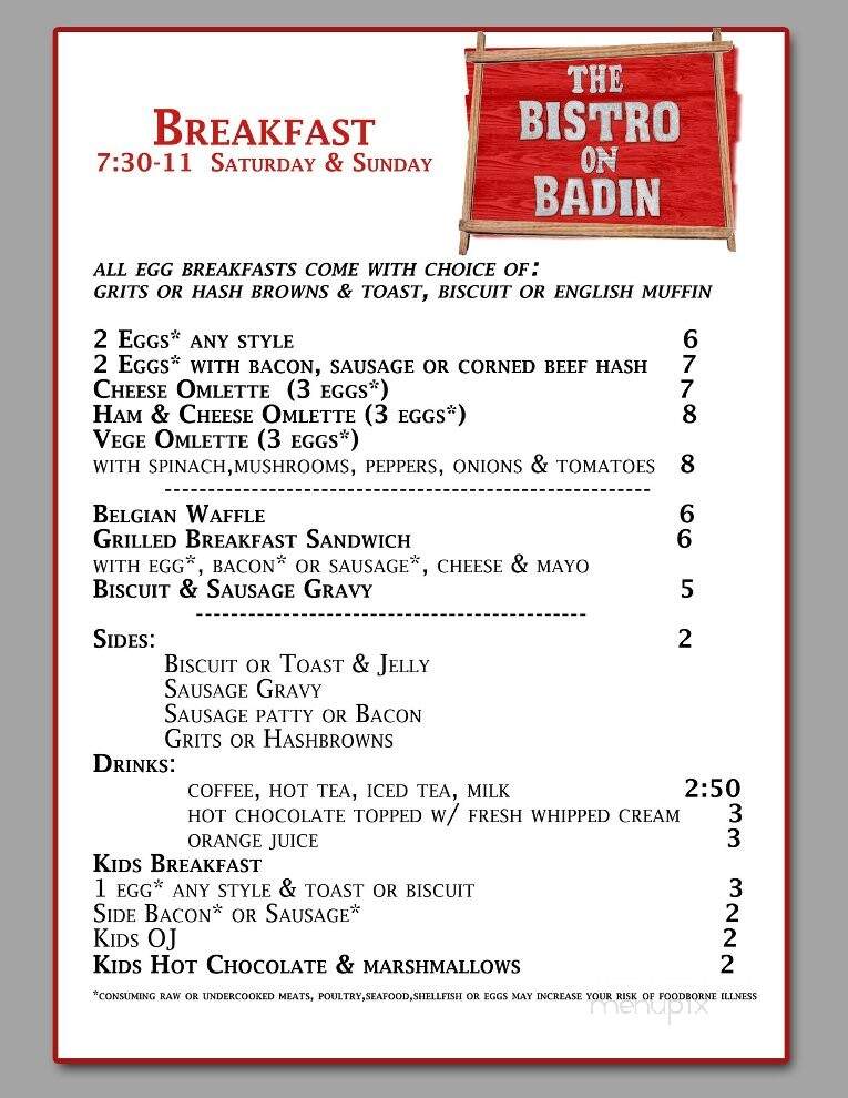 The Bistro on Badin - New London, NC menu_pic
