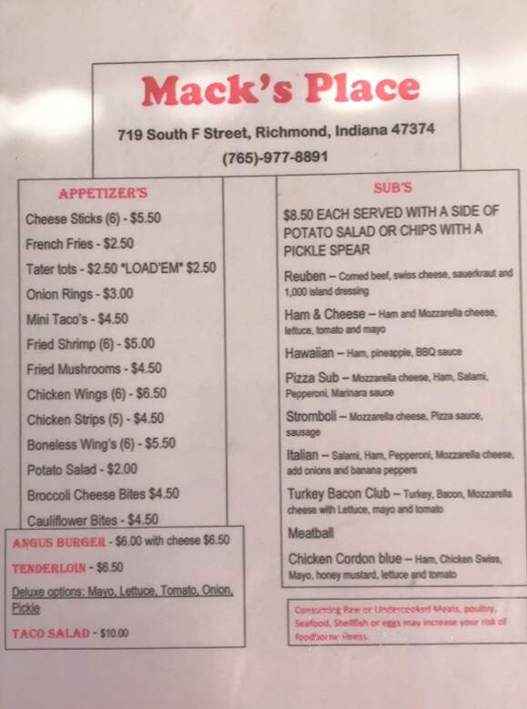 Mack's Place - Richmond, IN menu_pic