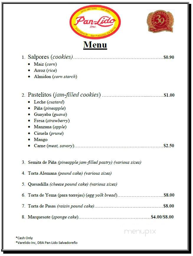 Pan Lido Salvadoreno - San Francisco, CA menu_pic