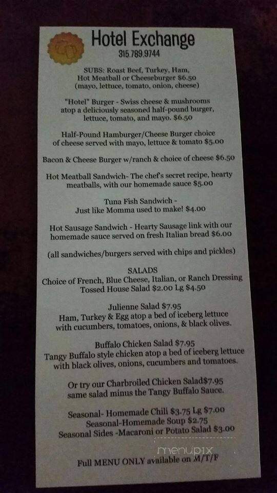 Hotel Exchange - Geneva, NY menu_pic