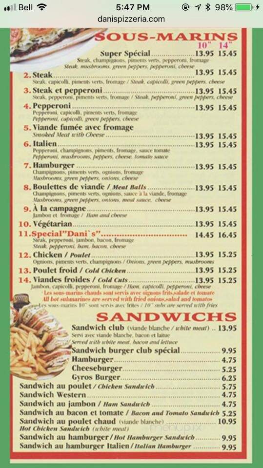 Danis Pizzeria - Montreal, QC menu_pic