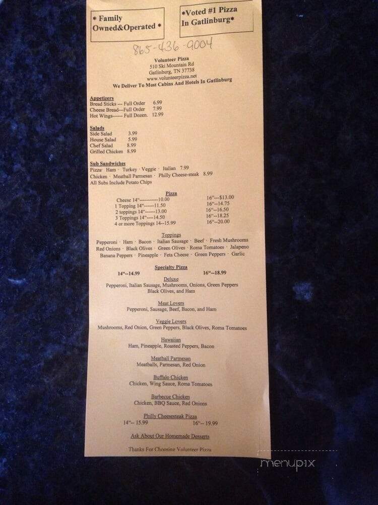 Volunteer Pizza - Gatlinburg, TN menu_pic