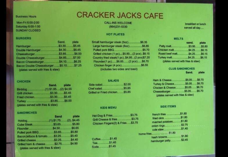 Cracker Jacks Cafe - Anderson, SC menu_pic