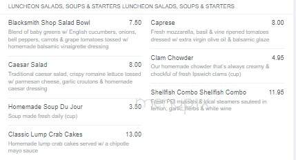 The Blacksmith Shop Restaurant - Rockport, MA menu_pic