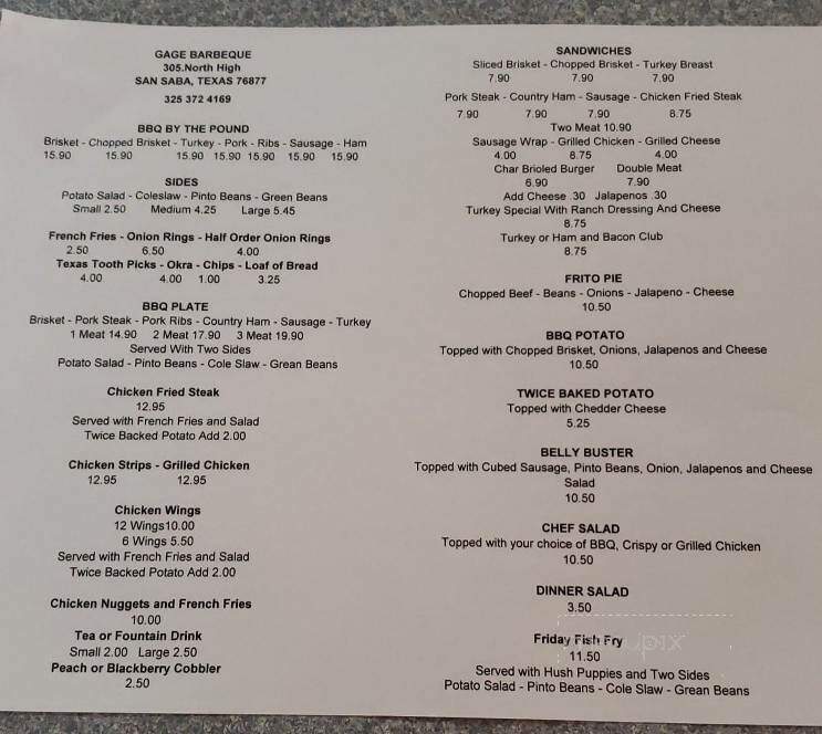 Gage BBQ - San Saba, TX menu_pic