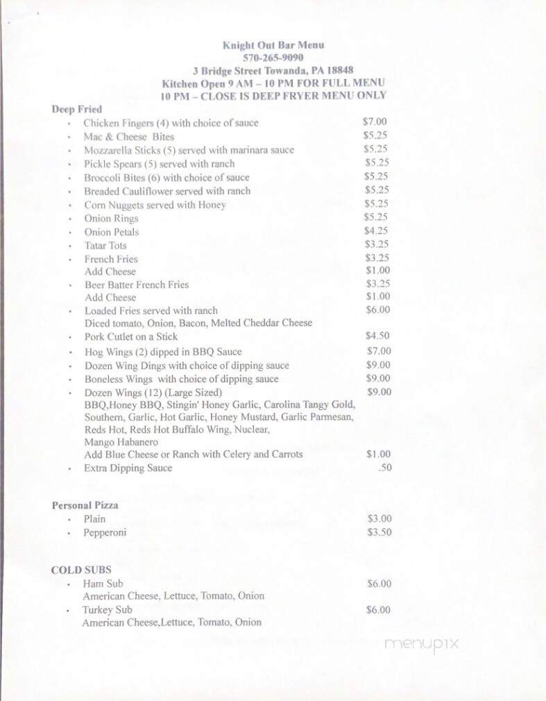 Knight Out - Towanda, PA menu_pic