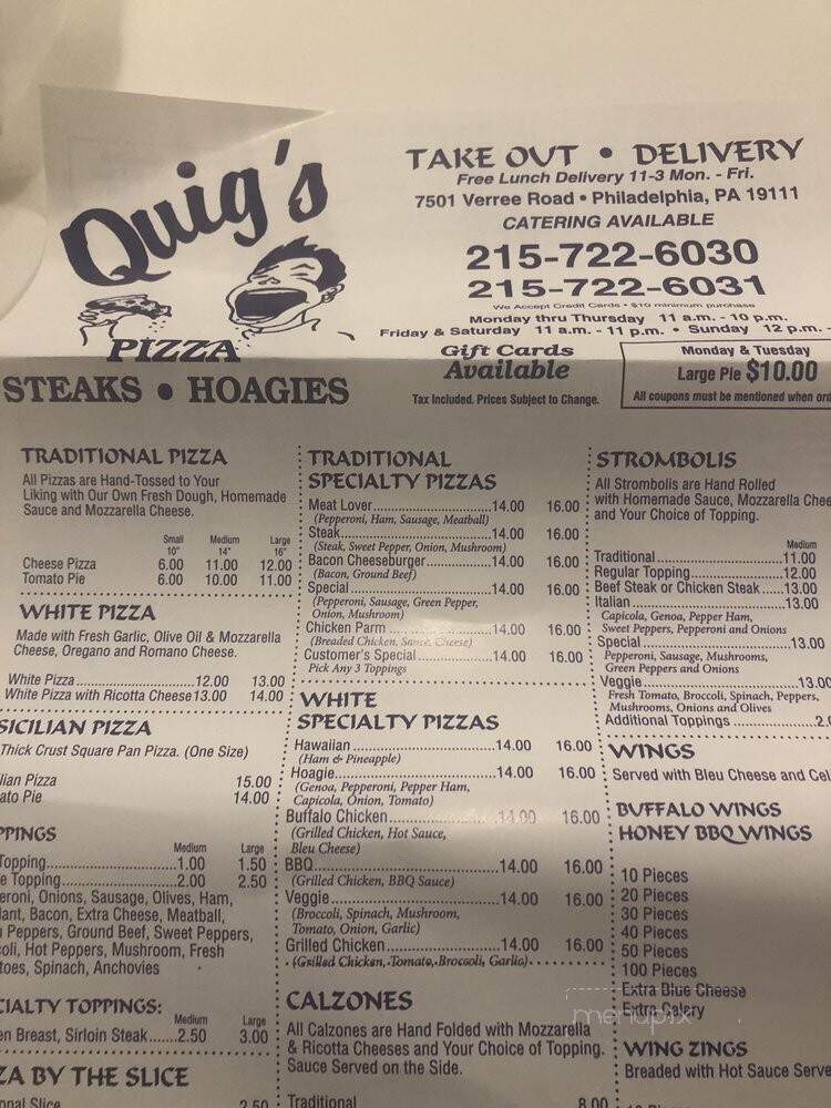 Quig's Pizza Steaks & Hogie's - Philadelphia, PA menu_pic