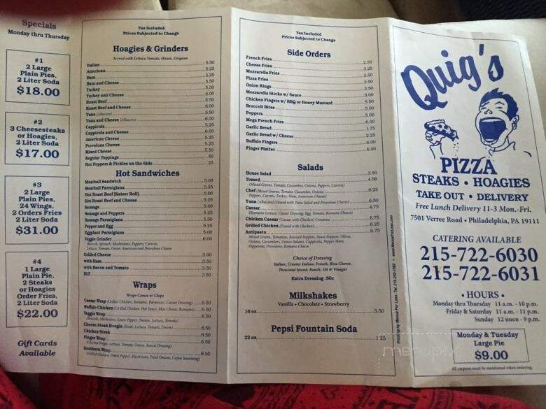 Quig's Pizza Steaks & Hogie's - Philadelphia, PA menu_pic