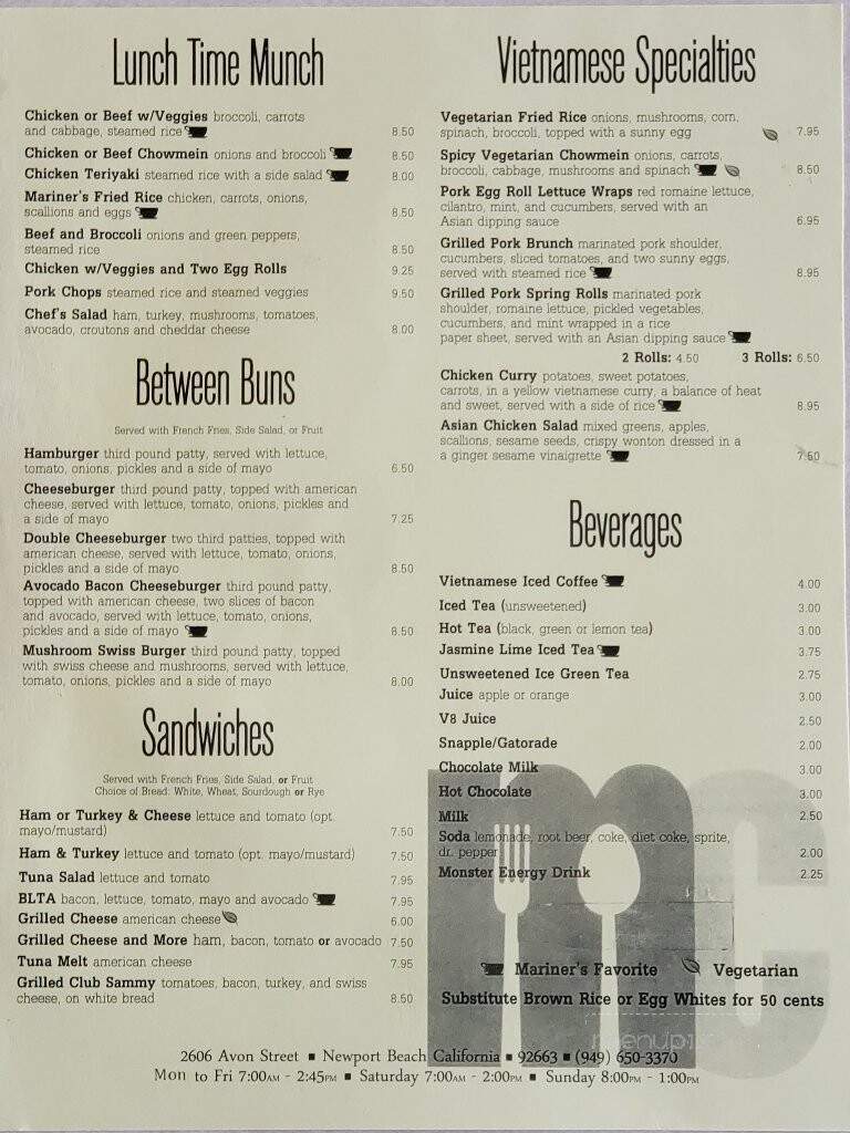 Mariner's Coffee Shop - Newport Beach, CA menu_pic
