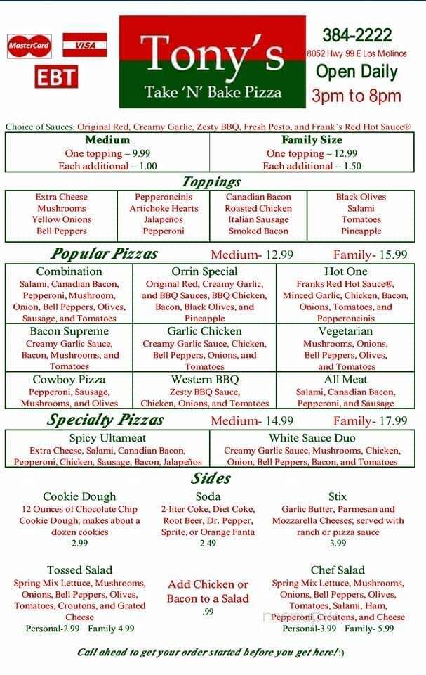 Tony's Take N Bake Pizza - Los Molinos, CA menu_pic