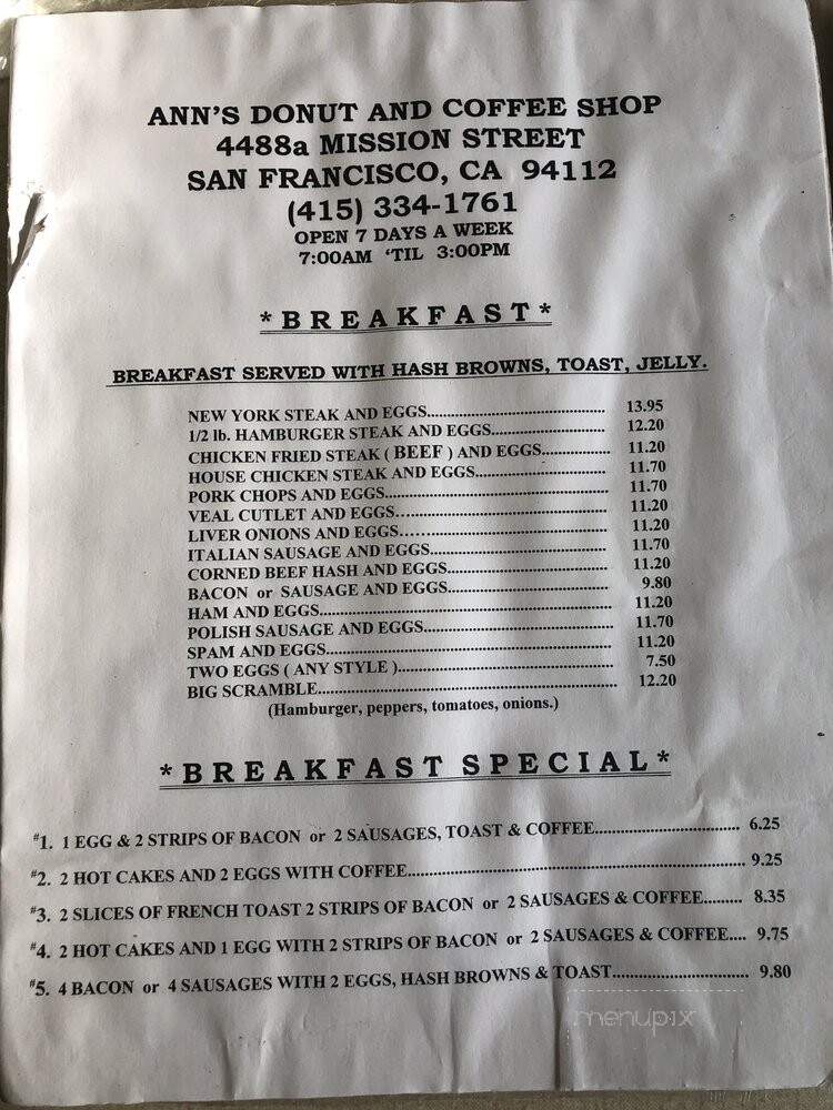 Ann's Doughnut Coffee Shop - San Francisco, CA menu_pic