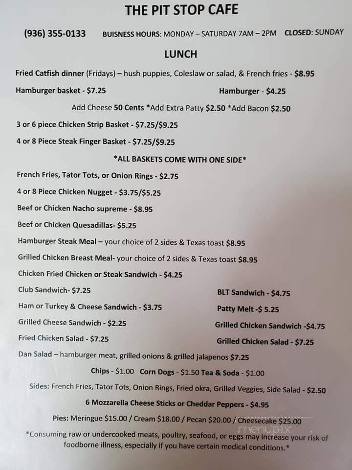The Pit Stop Cafe - Bedias, TX menu_pic