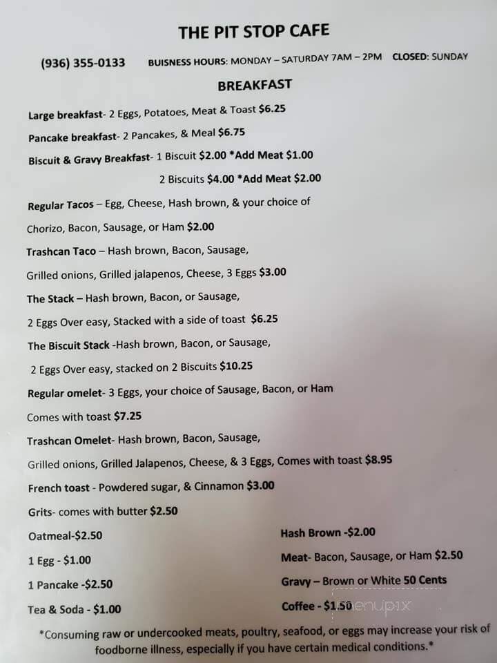The Pit Stop Cafe - Bedias, TX menu_pic
