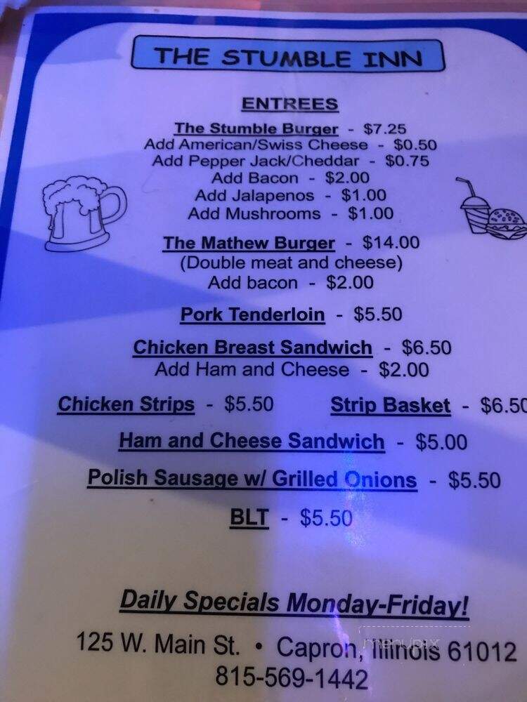 Stumble Inn - Capron, IL menu_pic