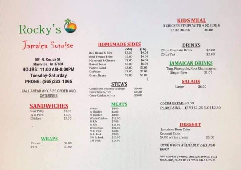 Jamaica Sunrise - Maryville, TN menu_pic