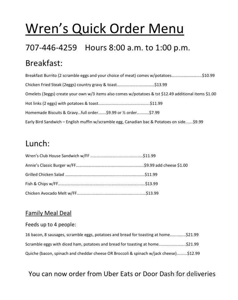 Wren's Cafe - Vacaville, CA menu_pic