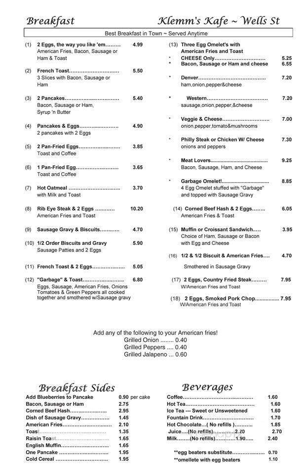 Klemm's Kafe - Fort Wayne, IN menu_pic