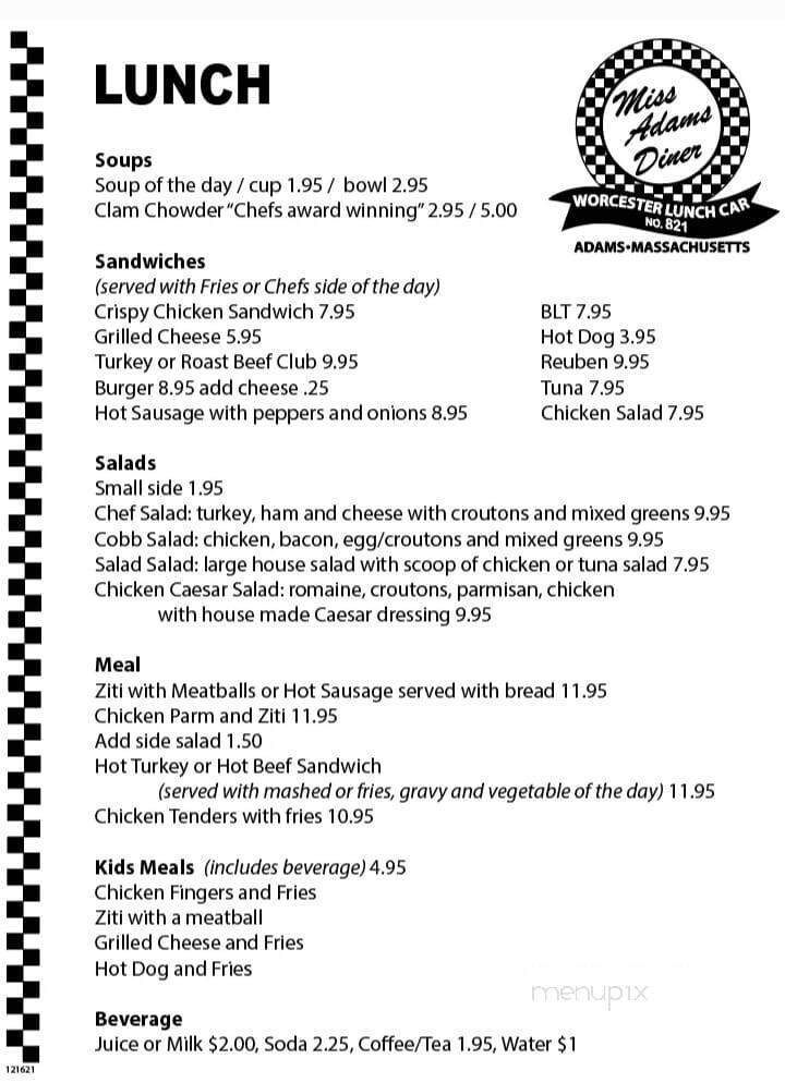 Miss Adams Diner - Adams, MA menu_pic