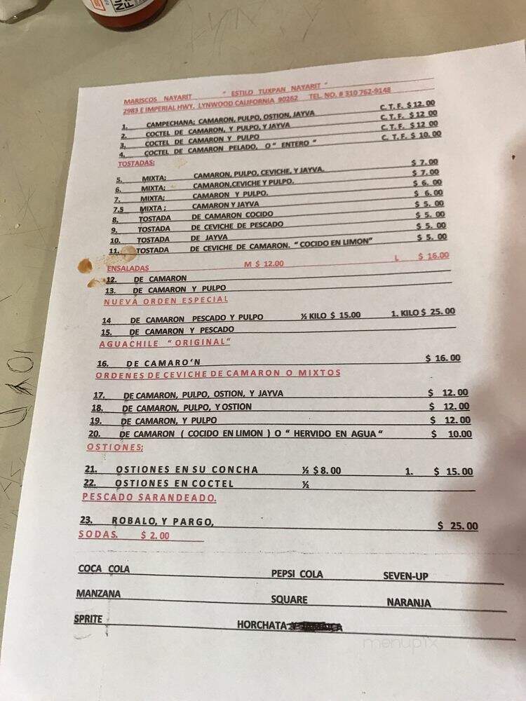 Mariscos Nayarit - Lynwood, CA menu_pic