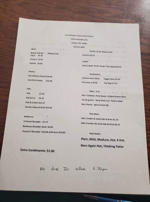 Granddaddy's Famous Hot Chicken - Nashville, TN menu_pic