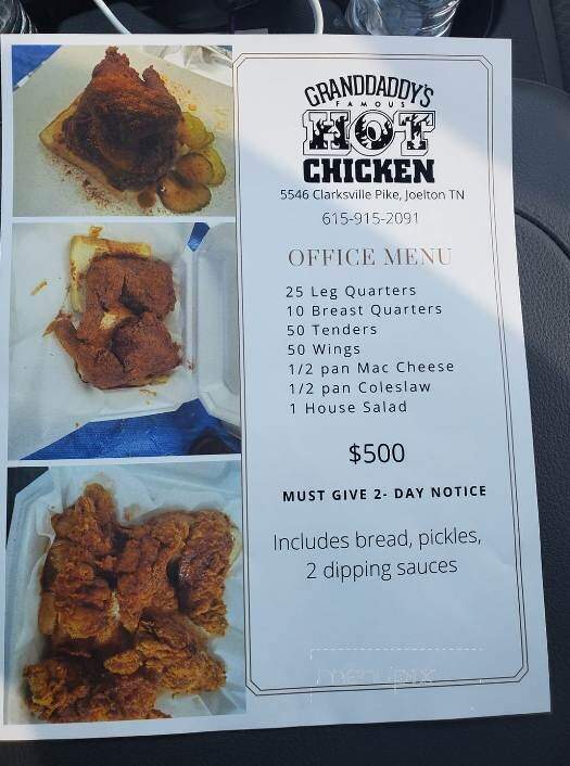 Granddaddy's Famous Hot Chicken - Nashville, TN menu_pic