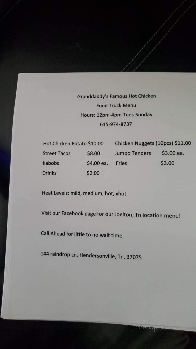 Granddaddy's Famous Hot Chicken - Nashville, TN menu_pic