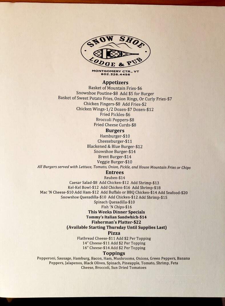 Snow Shoe Lodge & Pub - Montgomery Center, VT menu_pic