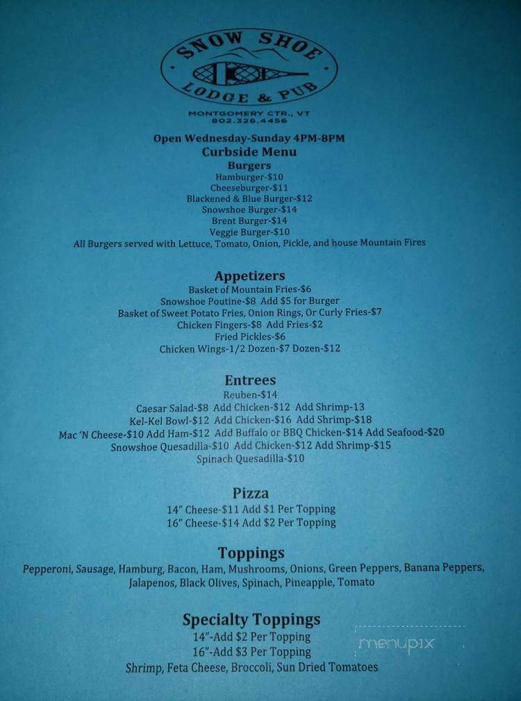 Snow Shoe Lodge & Pub - Montgomery Center, VT menu_pic