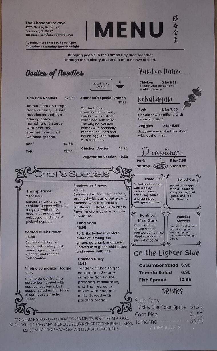 The Abandon Izakaya - Seminole, FL menu_pic