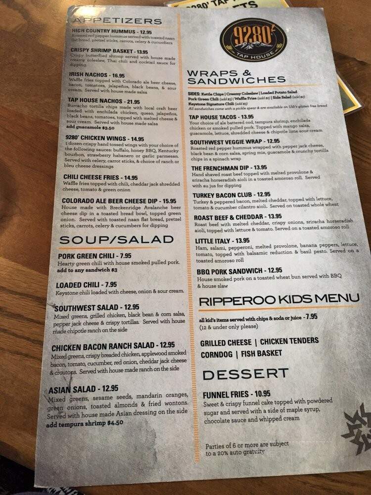 9280' Tap House - Keystone, CO menu_pic