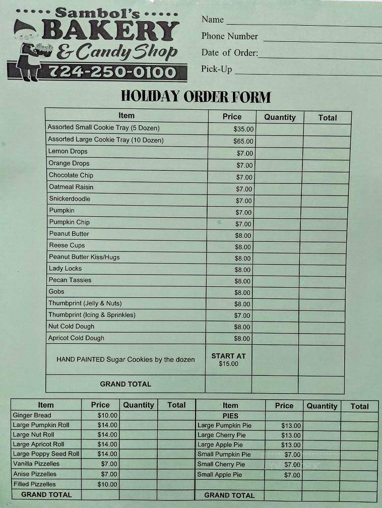 Sambol's Bakery and Candy Shop - Monongahela, PA menu_pic
