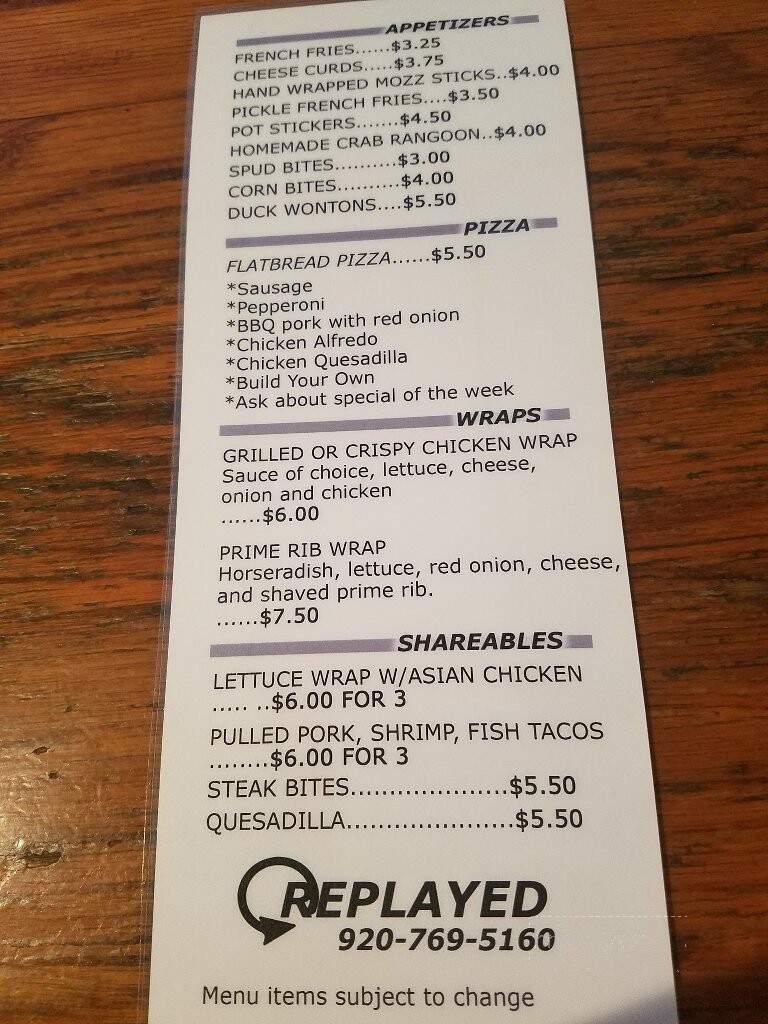 Replay - Manitowoc, WI menu_pic